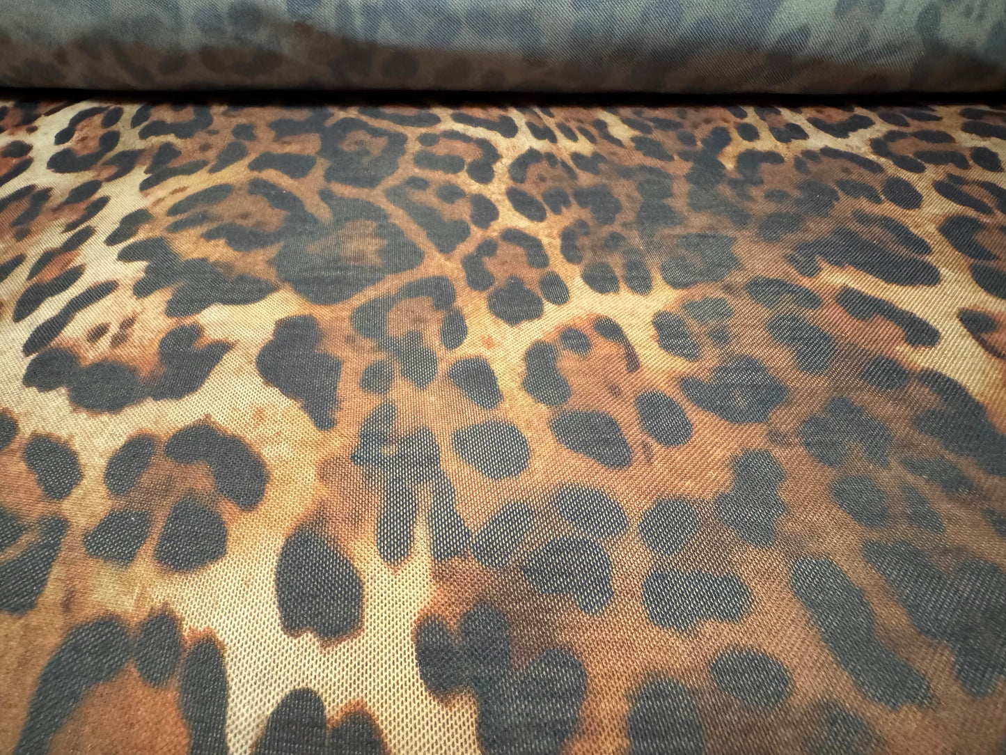 Power mesh net stretch spandex fabric, per metre - leopard animal print - brown