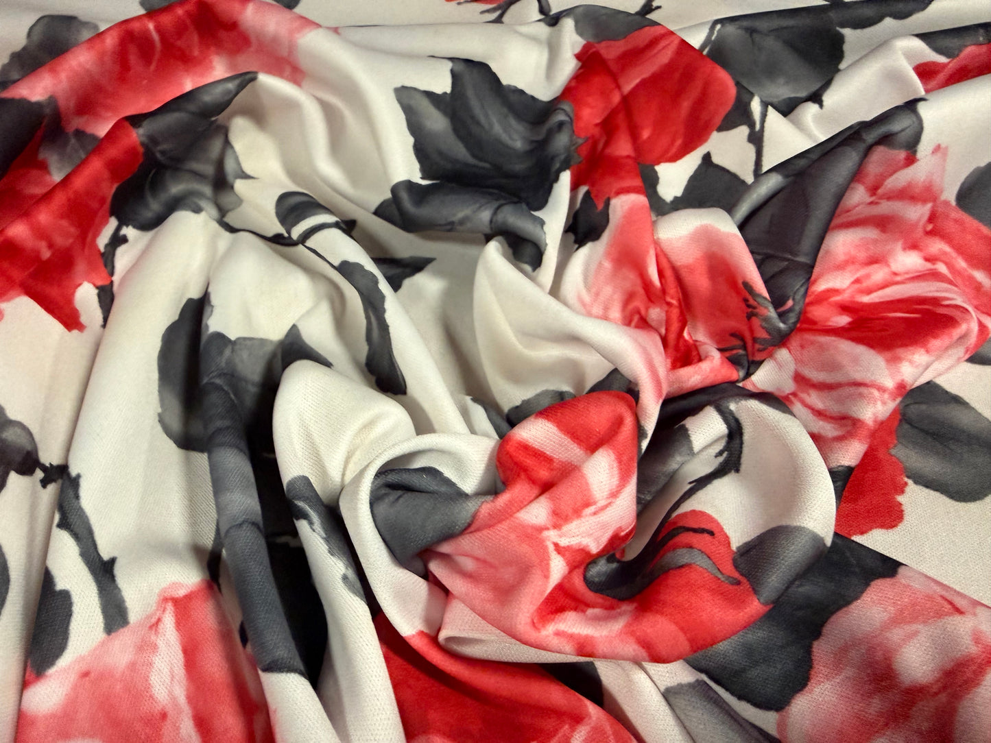 Single jersey fashion fabric, per metre - English Rose print - red & grey