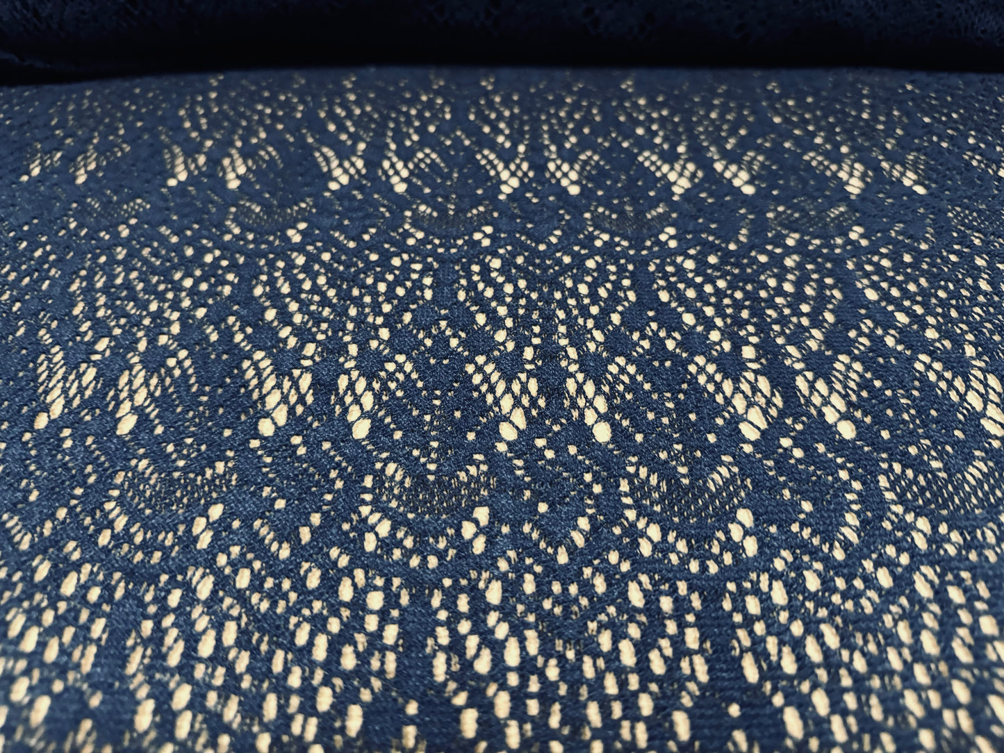 Lace dress fabric, per metre - stylised mandala design - navy blue