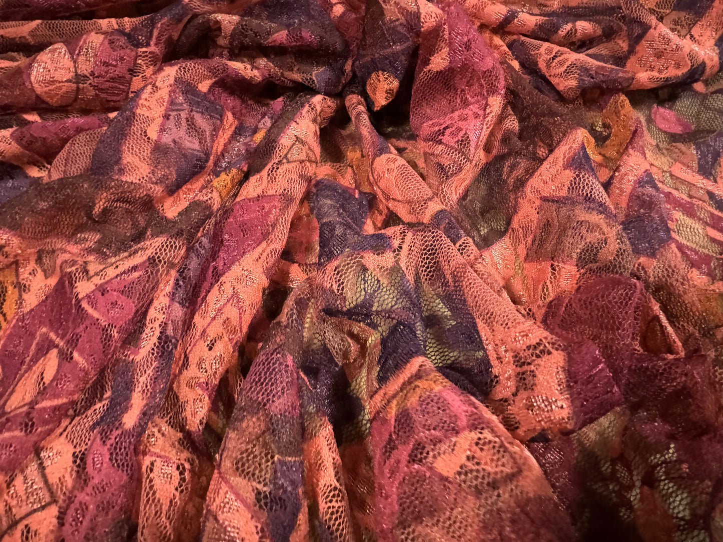 Stretch spandex mesh lace fabric, per metre - geometric shapes print - pink navy & magenta