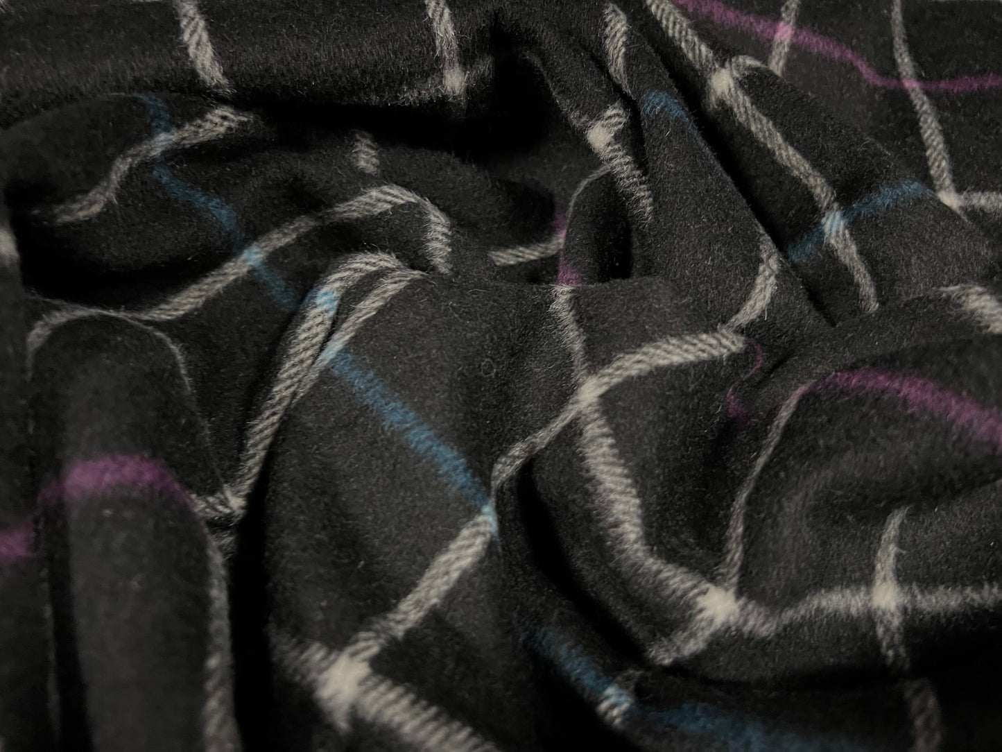 Wool mouflon coat jacket fabric, per metre - matrix check - black magenta & blue