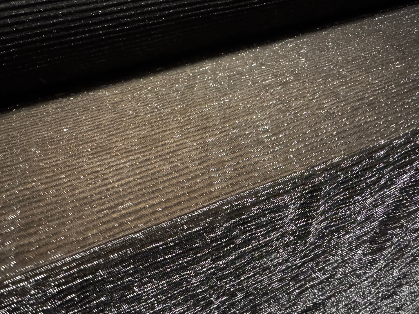 Moonlight shimmer metallic stretch plissé mesh net fabric, per metre - charcoal & silver lurex