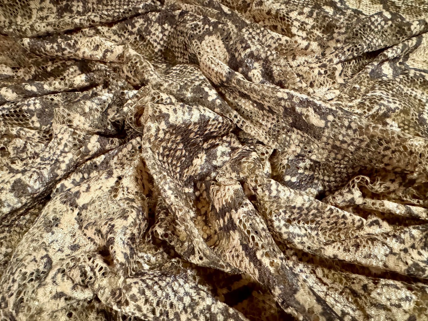 Stretch spandex lace fabric, per metre - snakeskin animal print - nude & grey