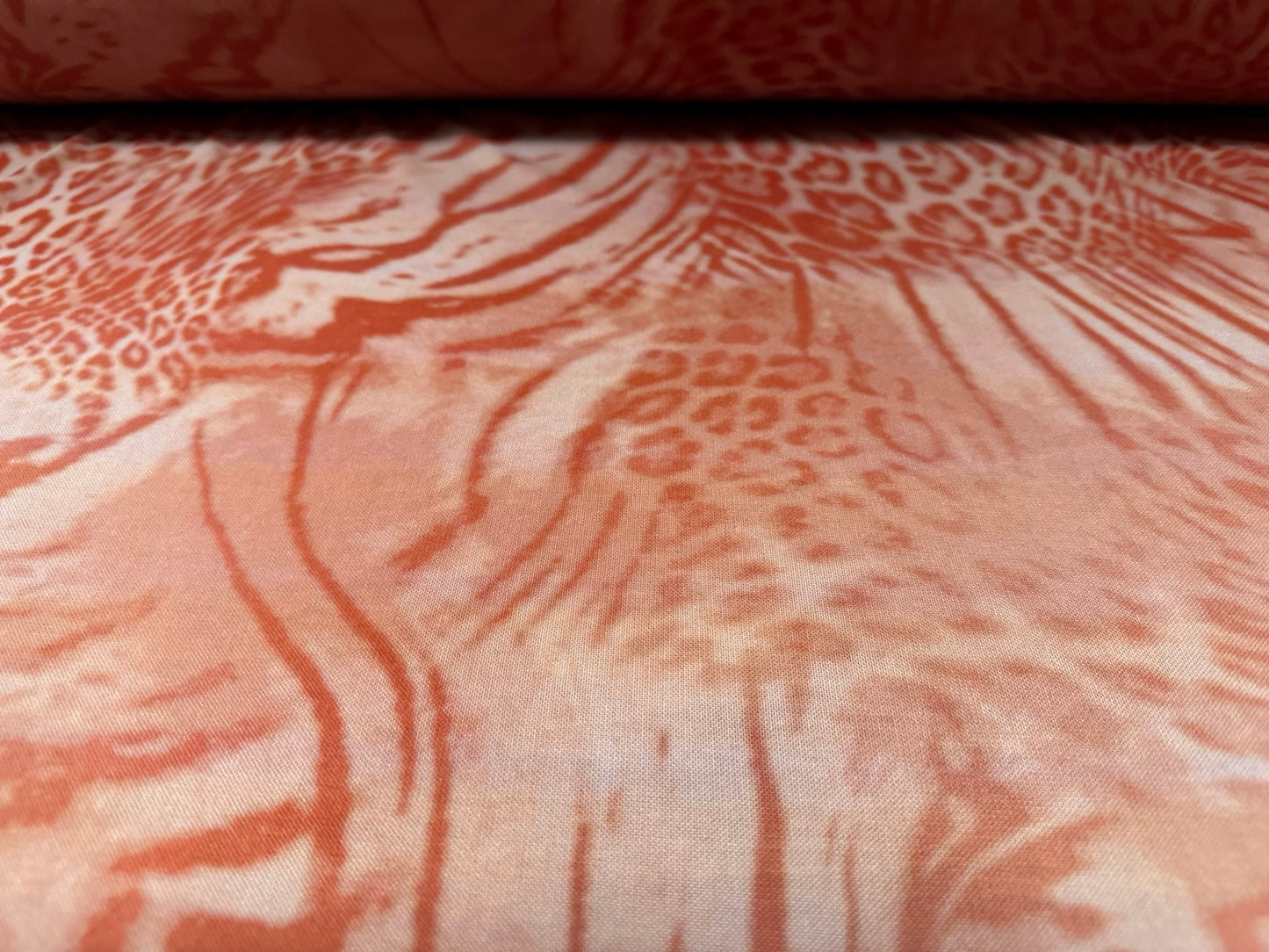 Power mesh net stretch spandex fabric, per metre - animal fusion print - dusky pink & coral