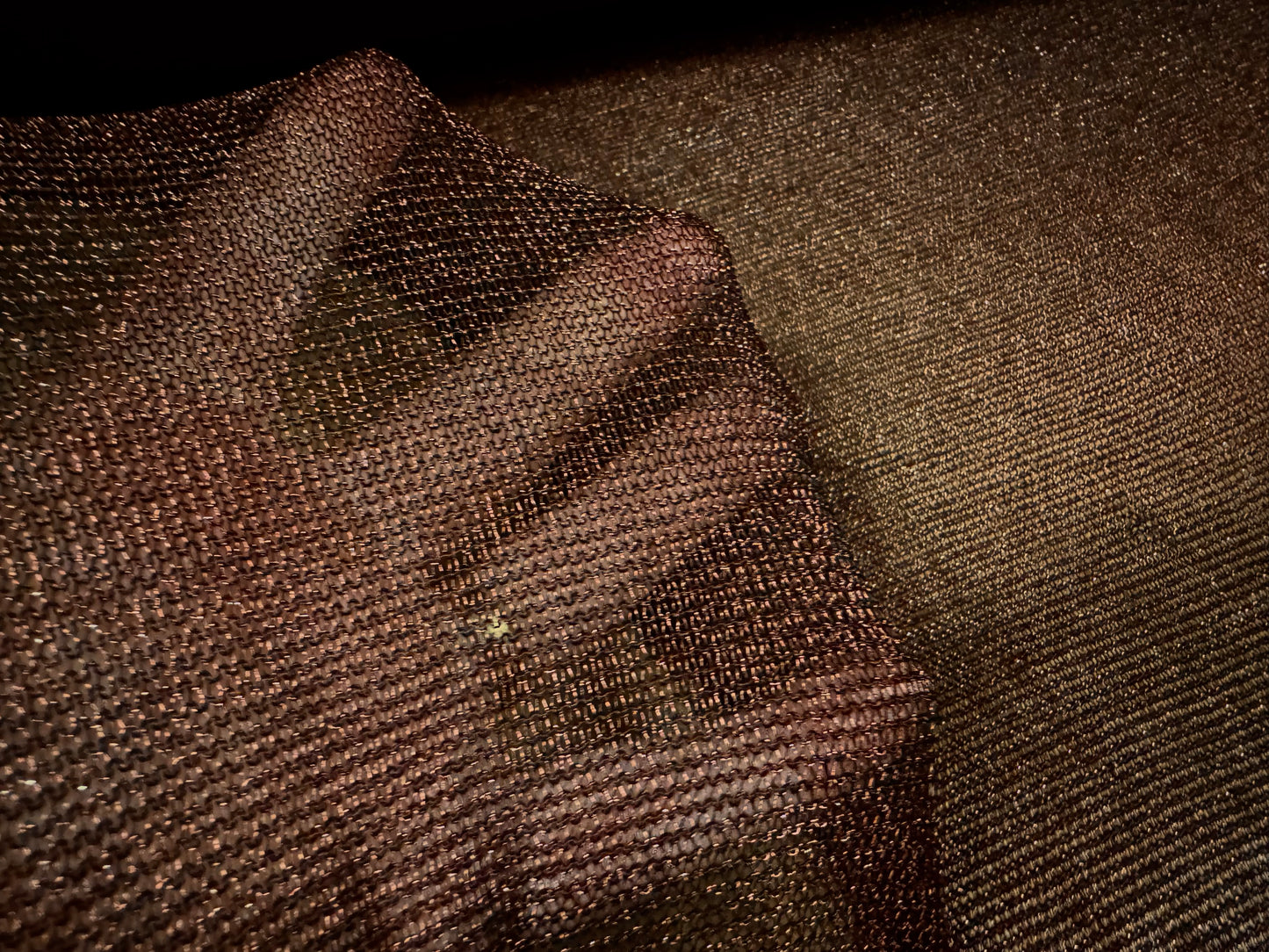 Metallic stretch chainmail mesh fabric, per metre - dark brown with copper lurex