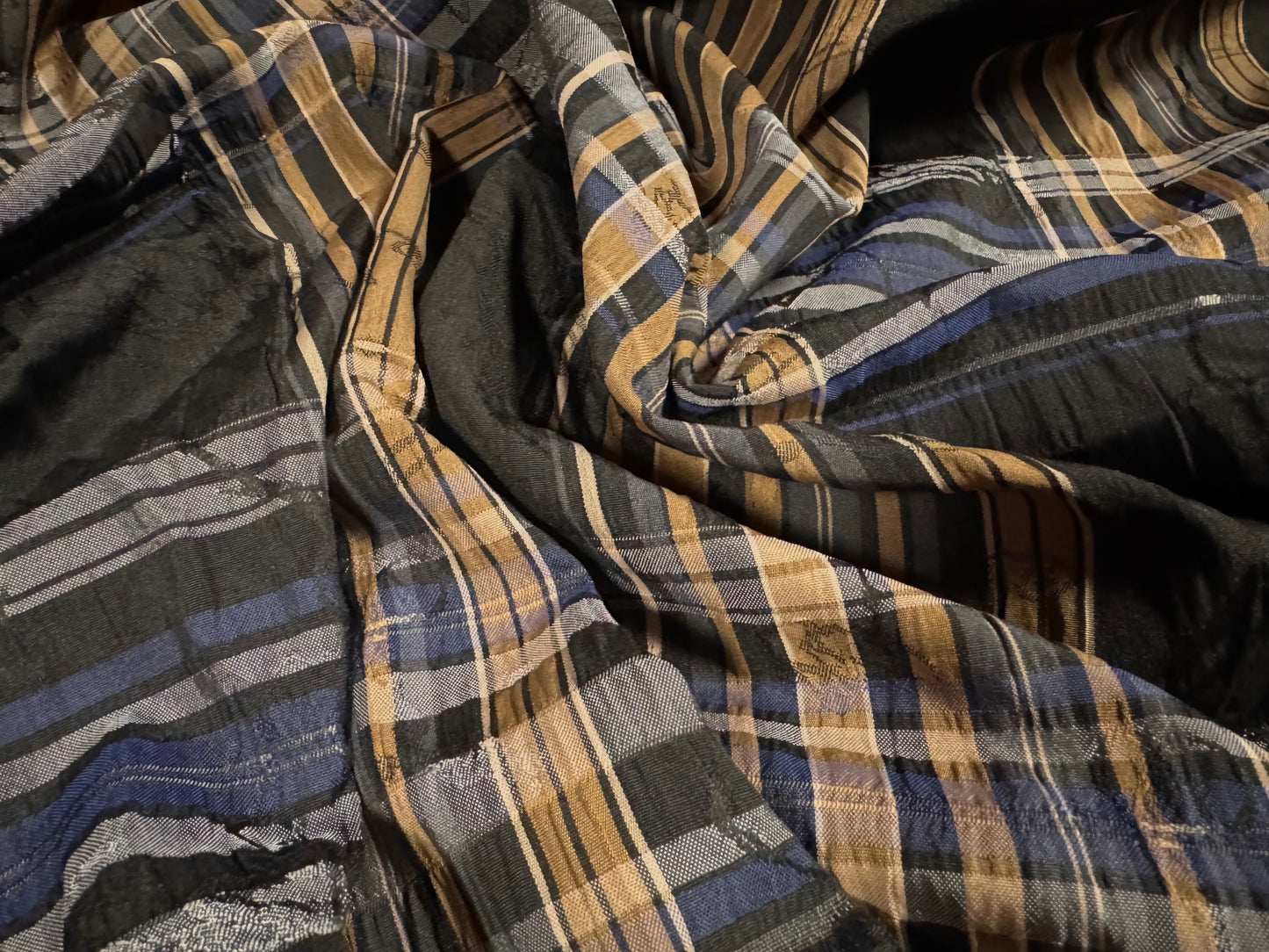 Ruched taffeta woven dress fabric - plaid with floral jacquard - charcoal tan & blue