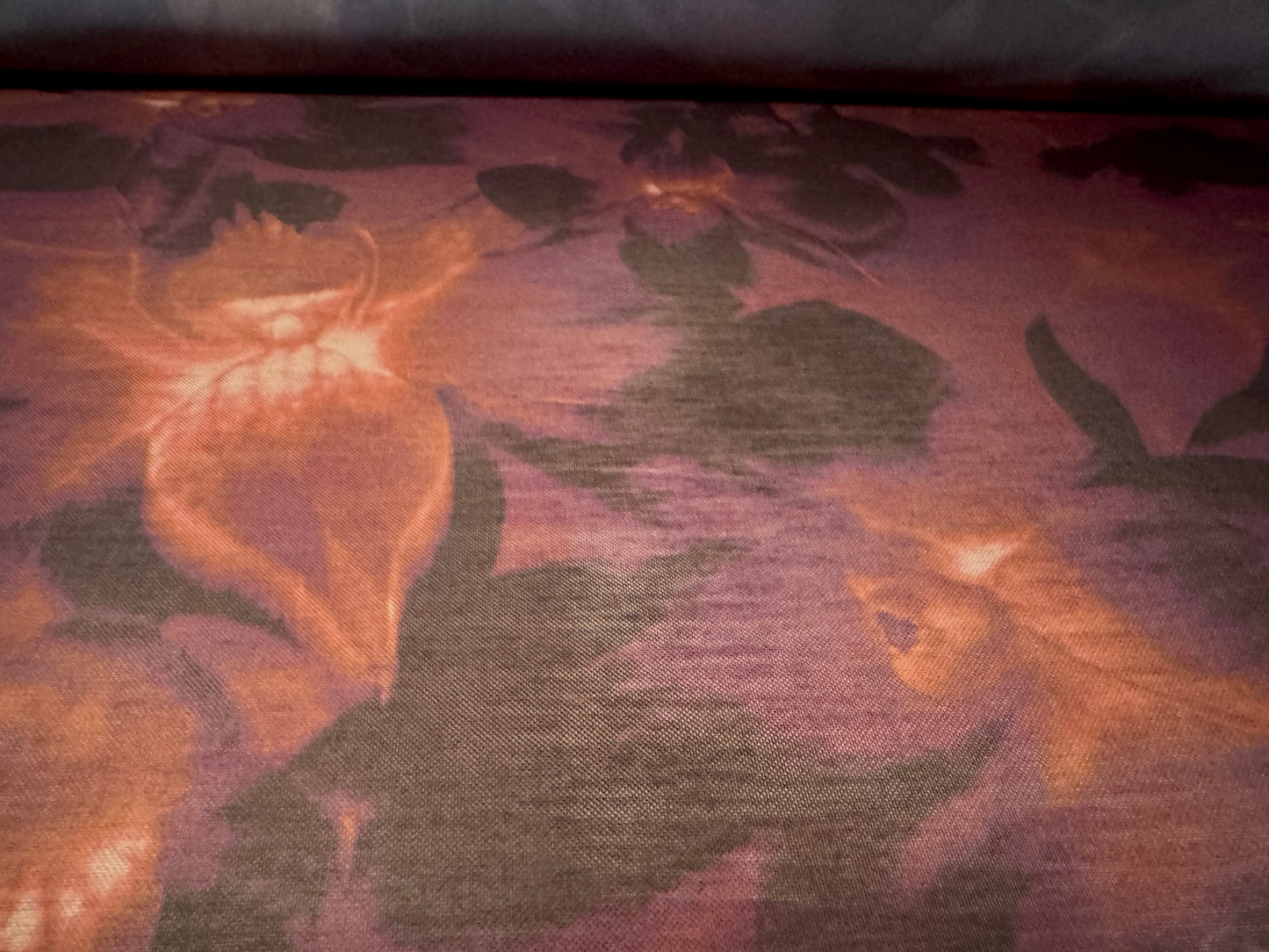 Power mesh net stretch spandex fabric, per metre - orchid floral print - orange & plum