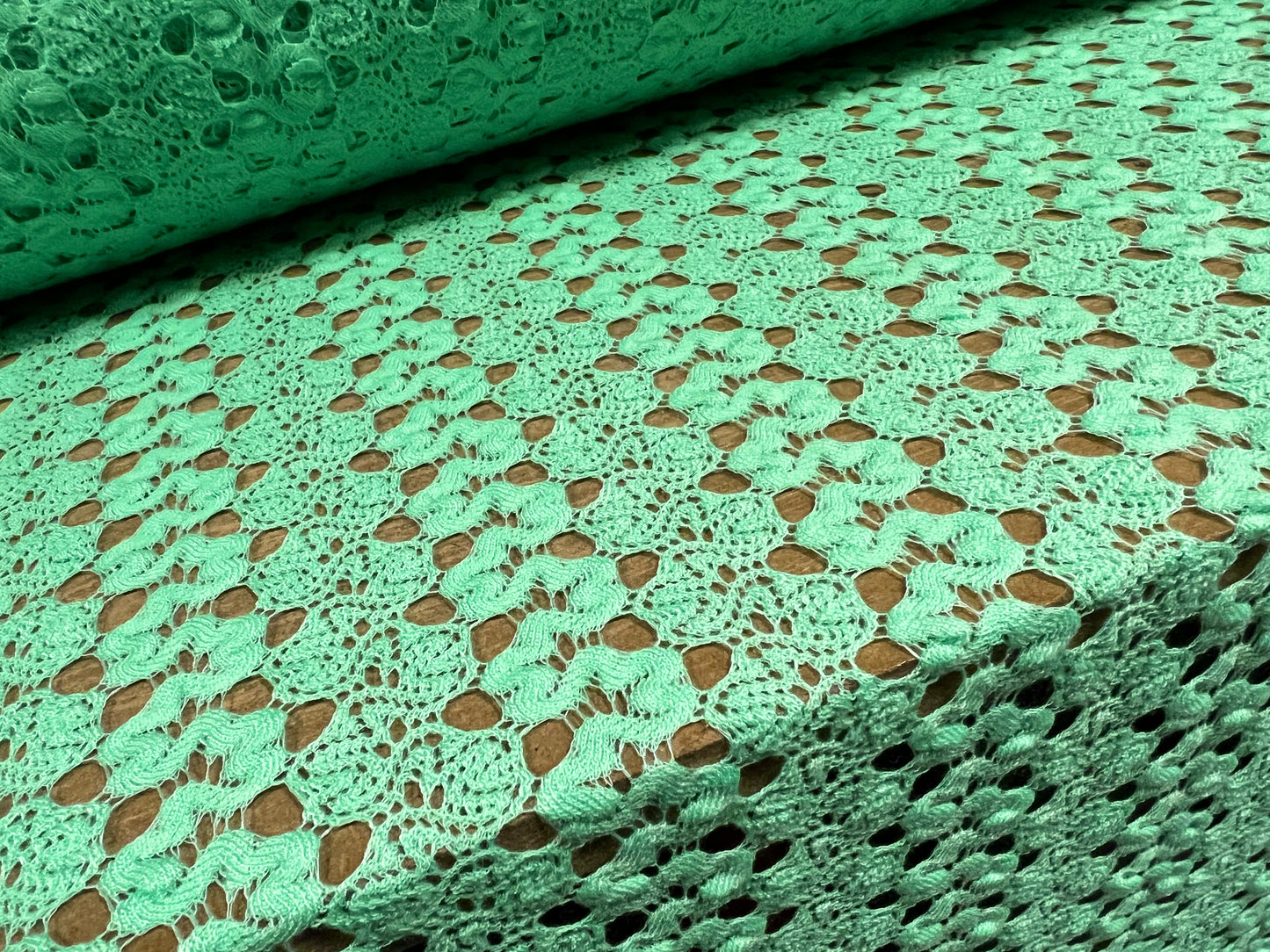 Crochet lace dress fabric, per metre - squiggle design - mint green