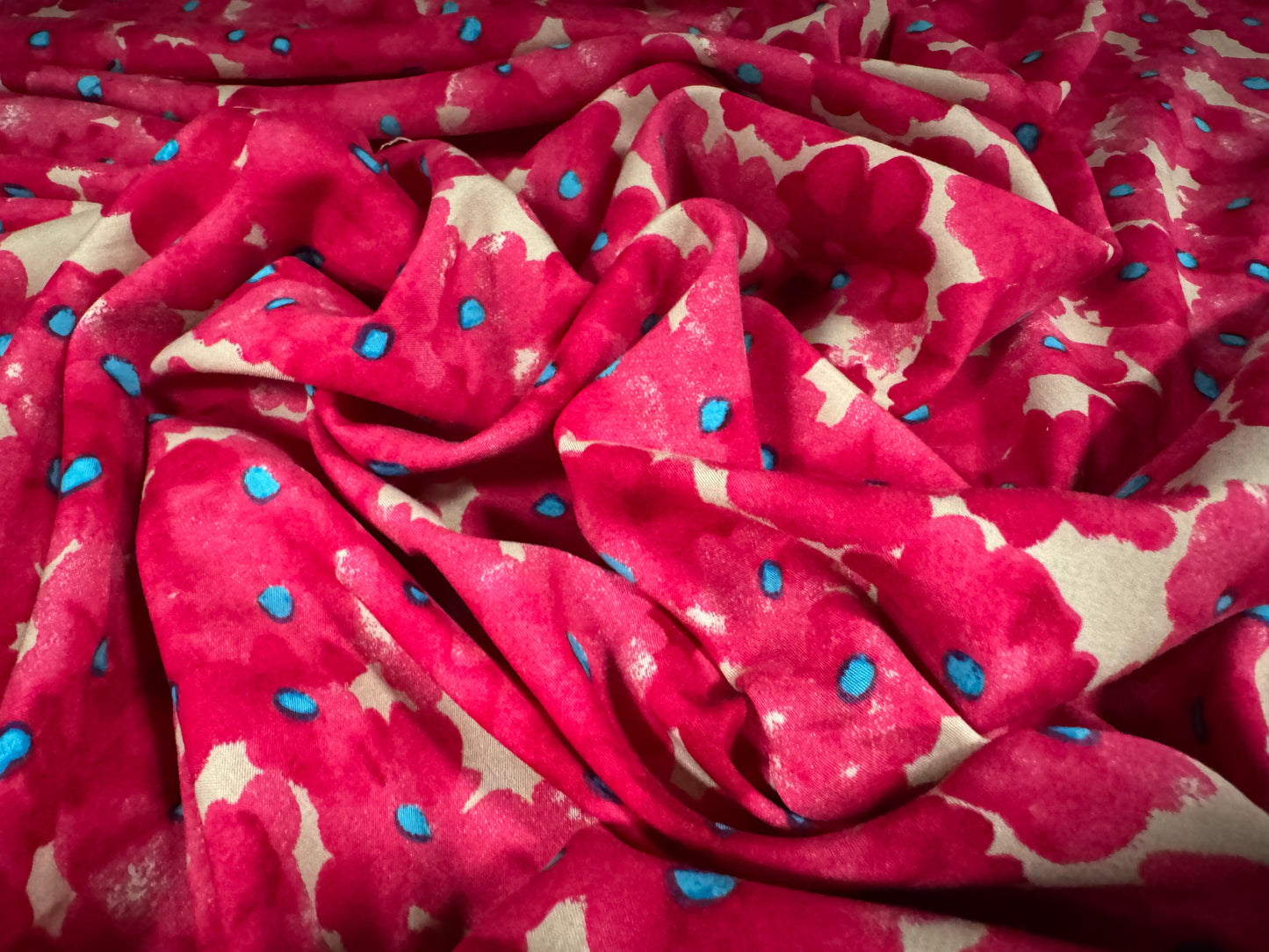 Marocain woven viscose dress fabric, per metre - poppy flower print - cerise & cream