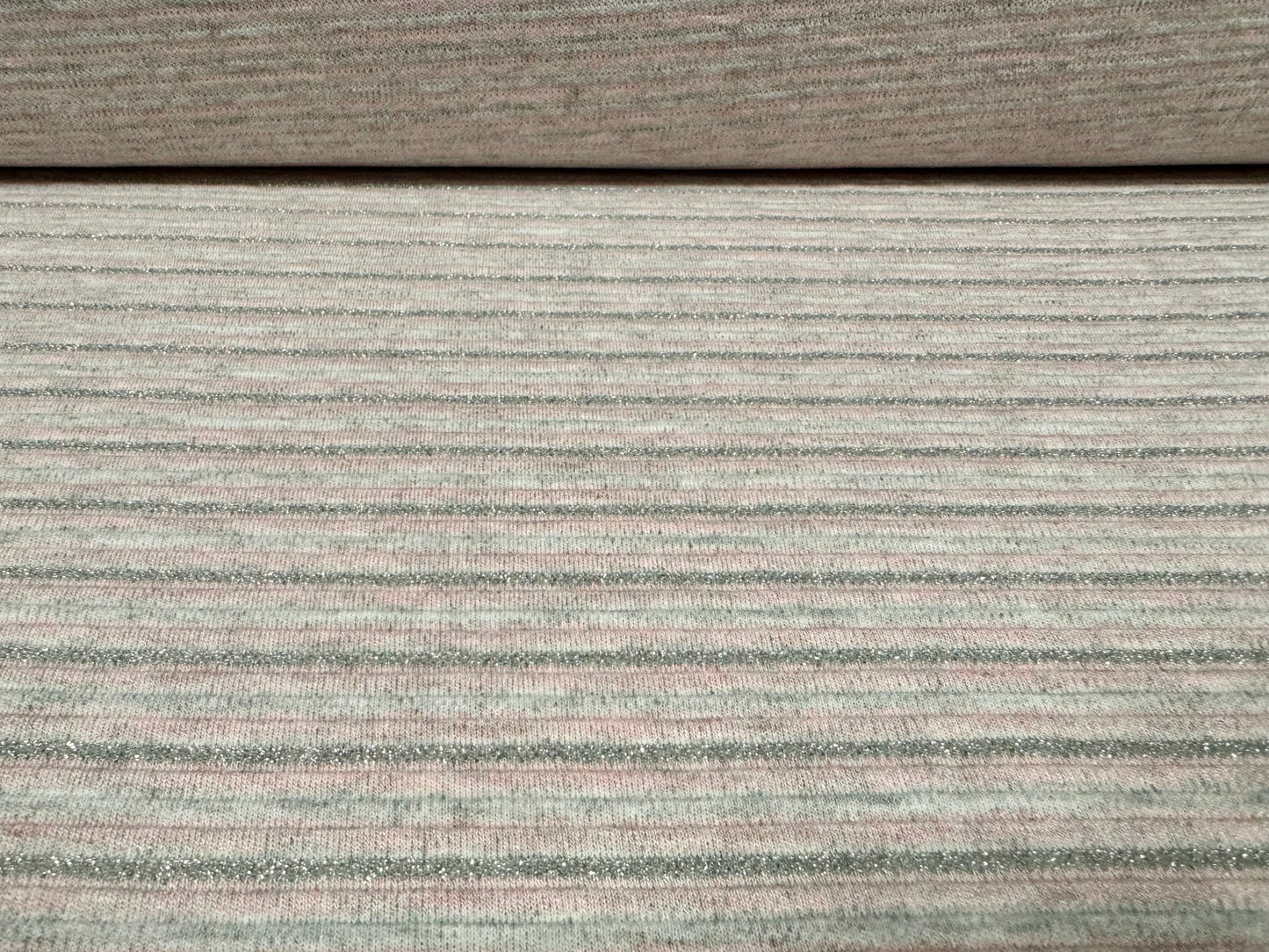 Metallic ottoman rib double jersey fabric, per metre - stripe - pink & grey with silver lurex