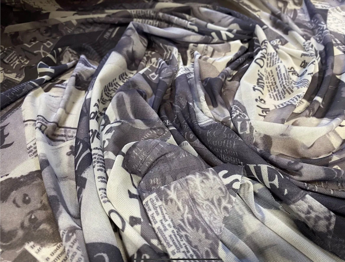 Power mesh net sheer stretch spandex fabric, per metre - Hollywood movie star print - grey