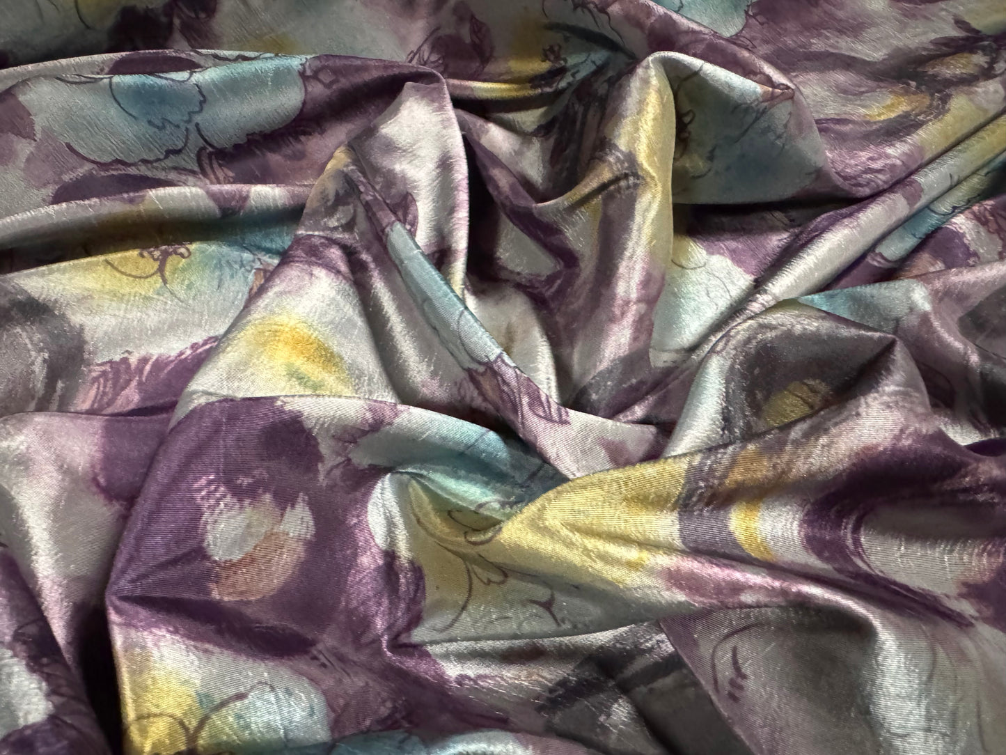 Taffeta faux silk fabric - floral circles print - purple & grey