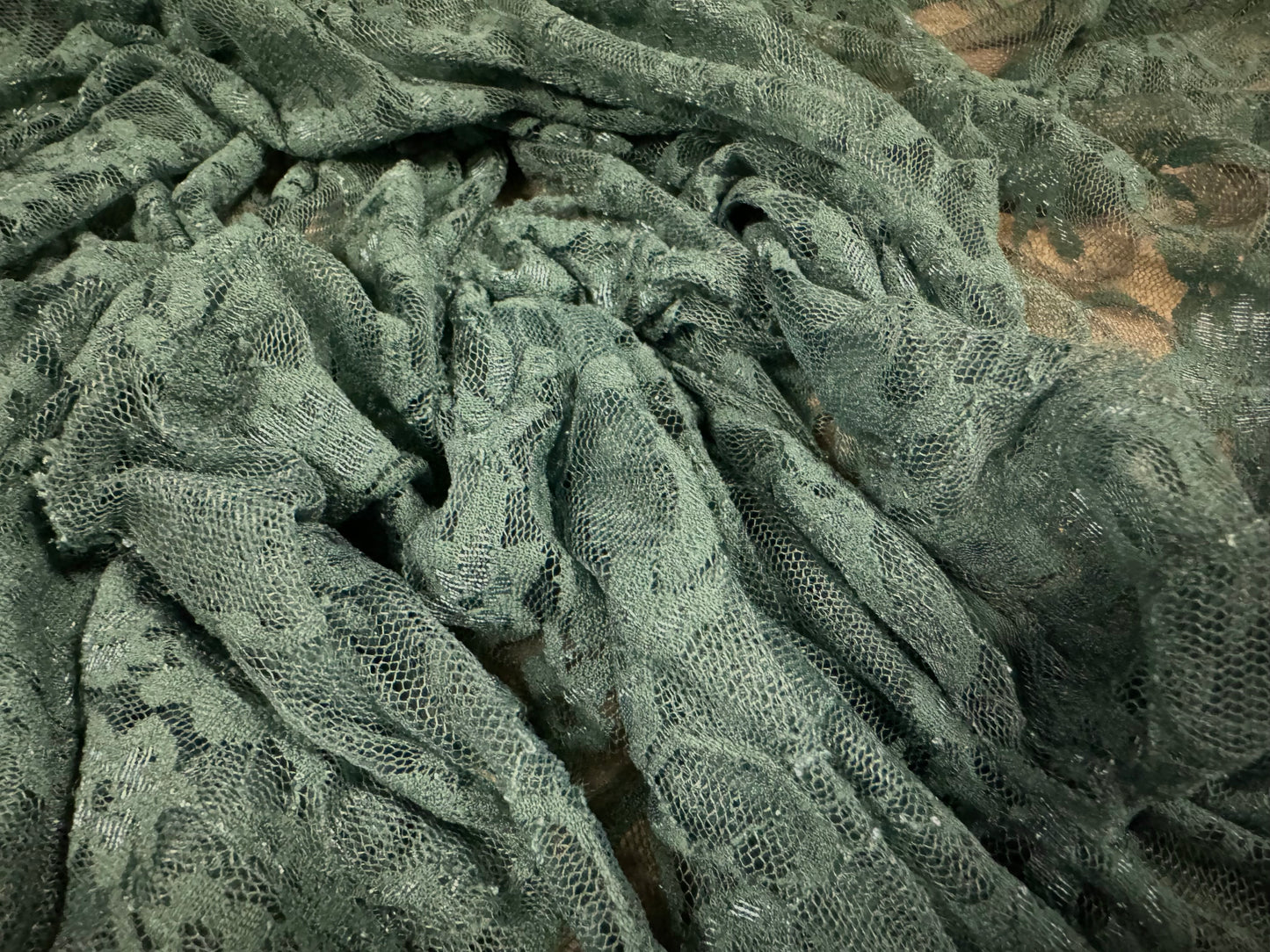 Stretch spandex mesh lace net fabric, per metre - floral pattern - Xanadu grey-green