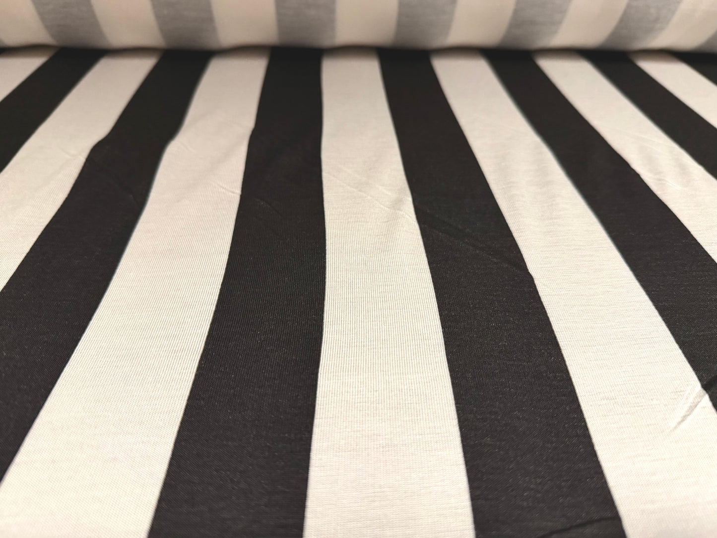 Viscose spandex stretch single jersey fabric, per metre - stripe print - black & white