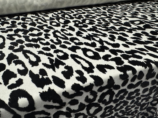 Stretch spandex double jersey fabric, per metre - flocked cheetah print - white & black
