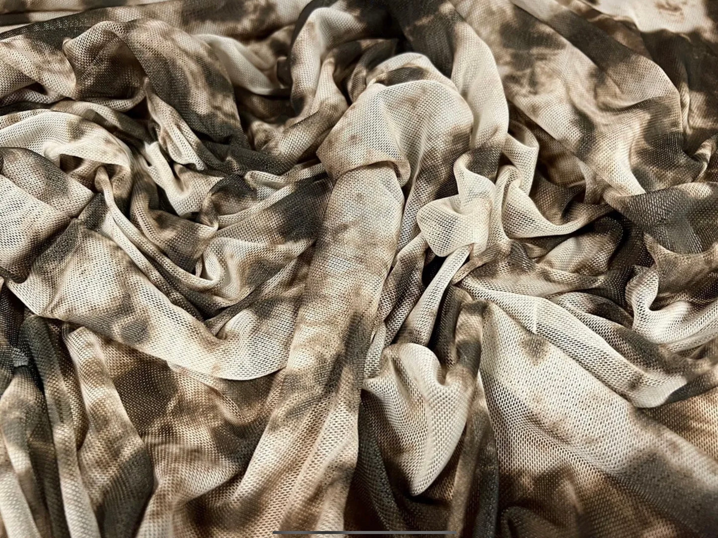 Power mesh net sheer stretch spandex fabric, per metre - tie dye print - Olive & cream
