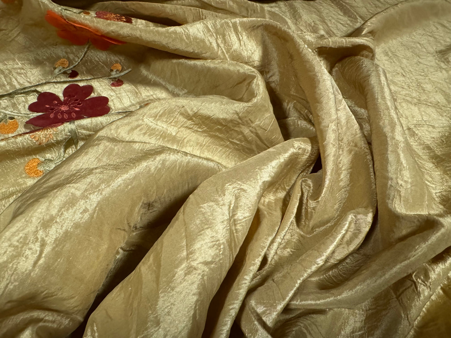 Taffeta faux silk fabric, per metre - embroidered blossom appliqué border - old gold