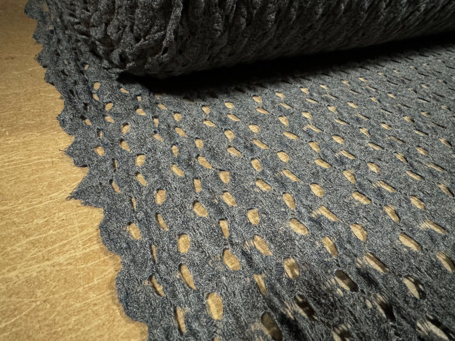 Crochet knit lace dress fabric, per metre - scalloped selvedge - grey