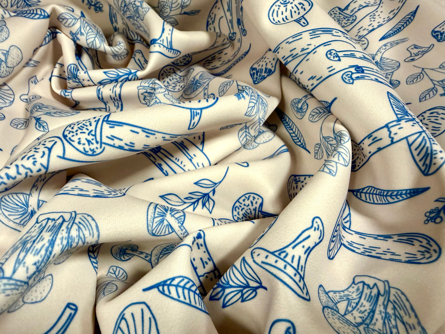 Scuba stretch spandex double jersey fabric, per metre - mushroom print - cream & blue