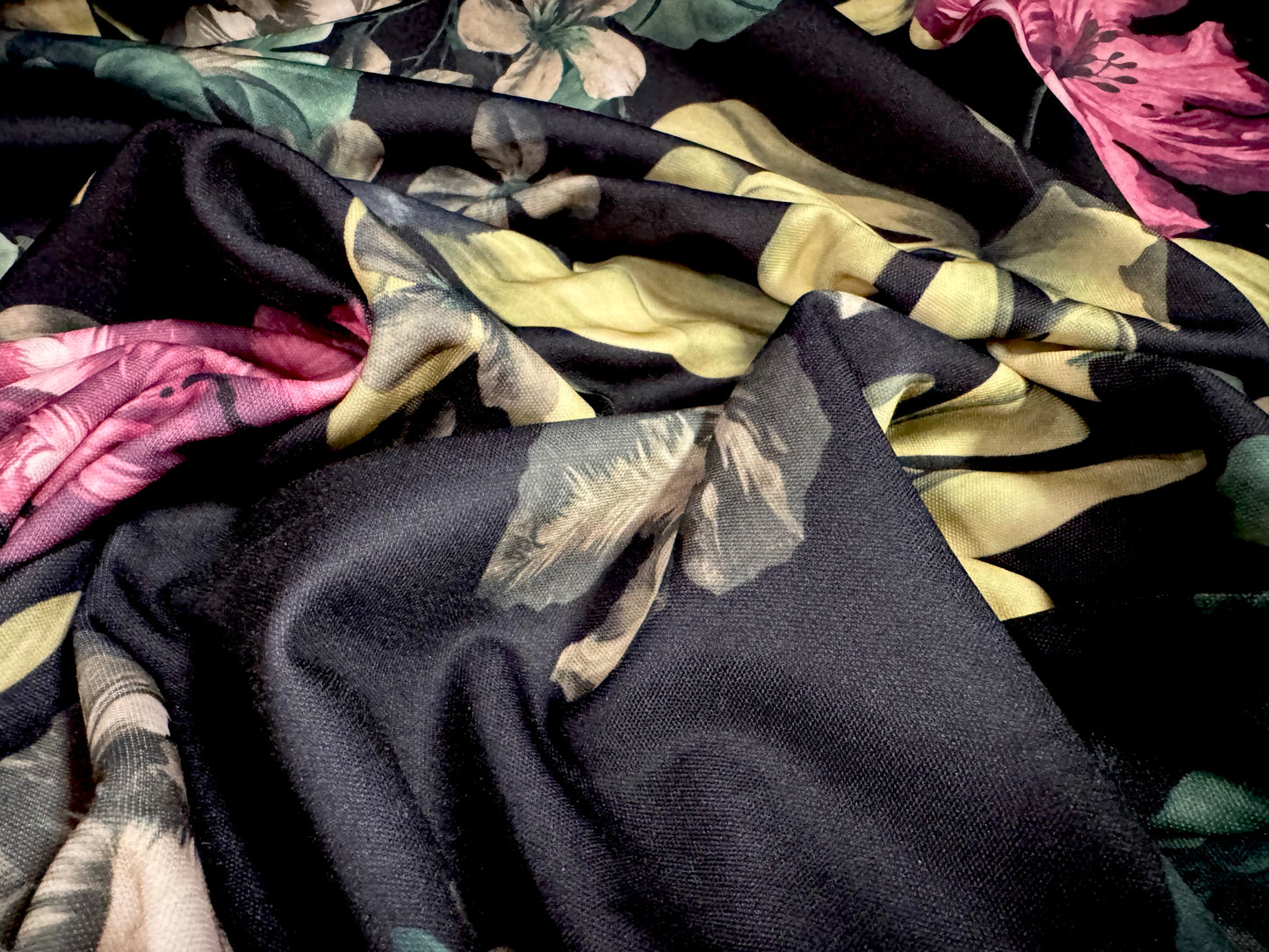 Piqué double jersey fabric, per metre - lily flower print - black fuchsia & beige