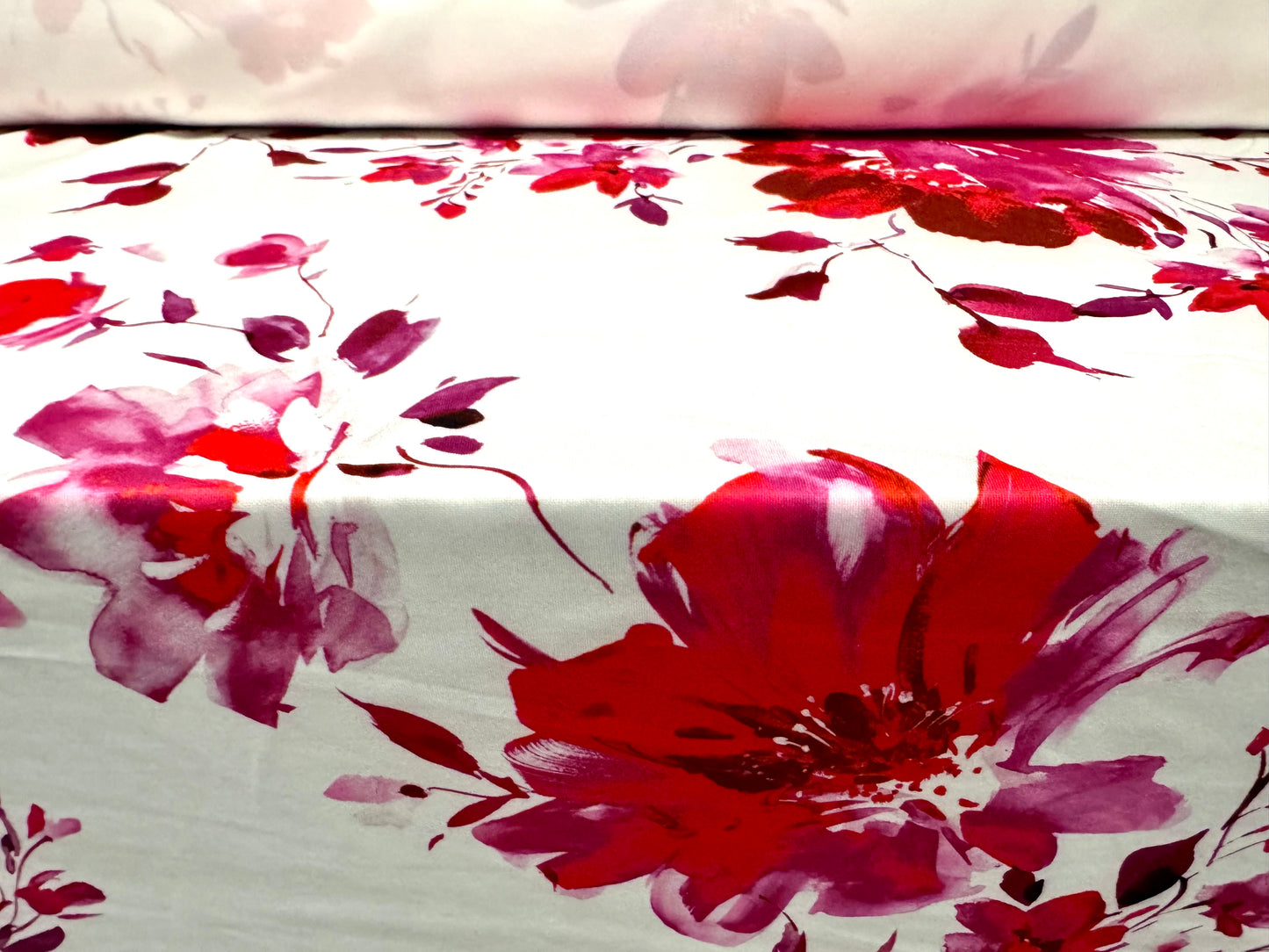 Scuba stretch spandex double jersey dress fabric, per metre - orchid flower print - pink red & white
