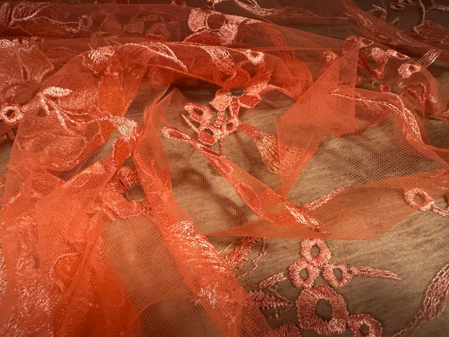 Embroidered tulle mesh net fabric, per metre - floral - scalloped selvedge - orange