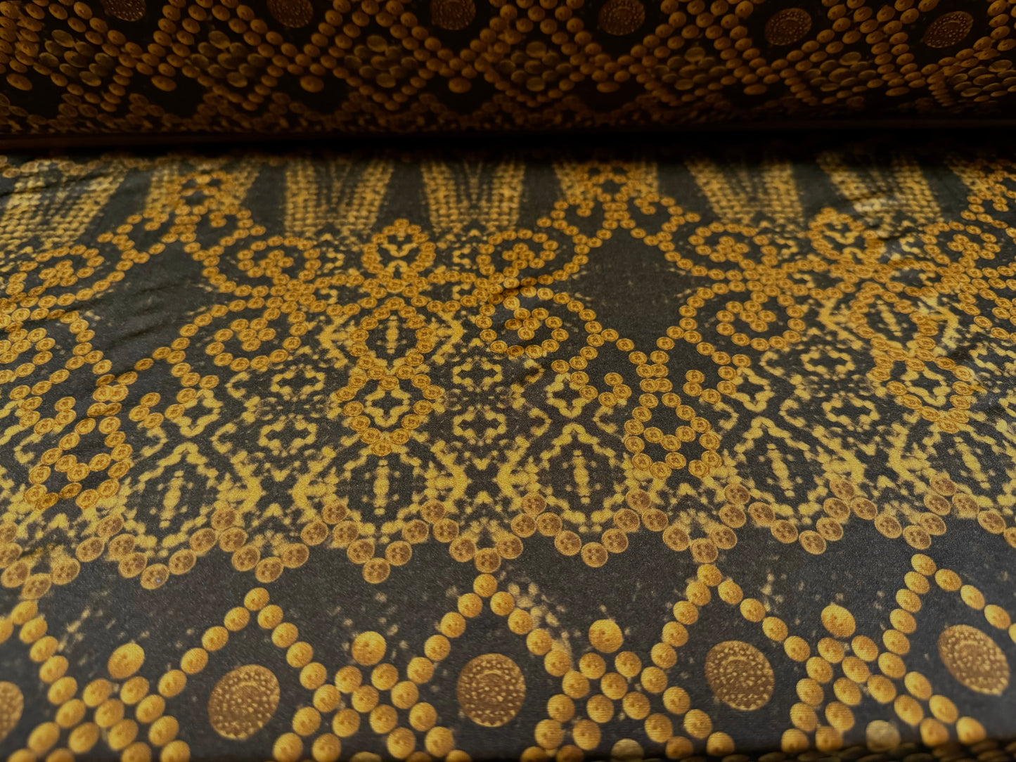 Swimwear stretch spandex jersey fabric, per metre - beaded mandala print - dark gold & brown