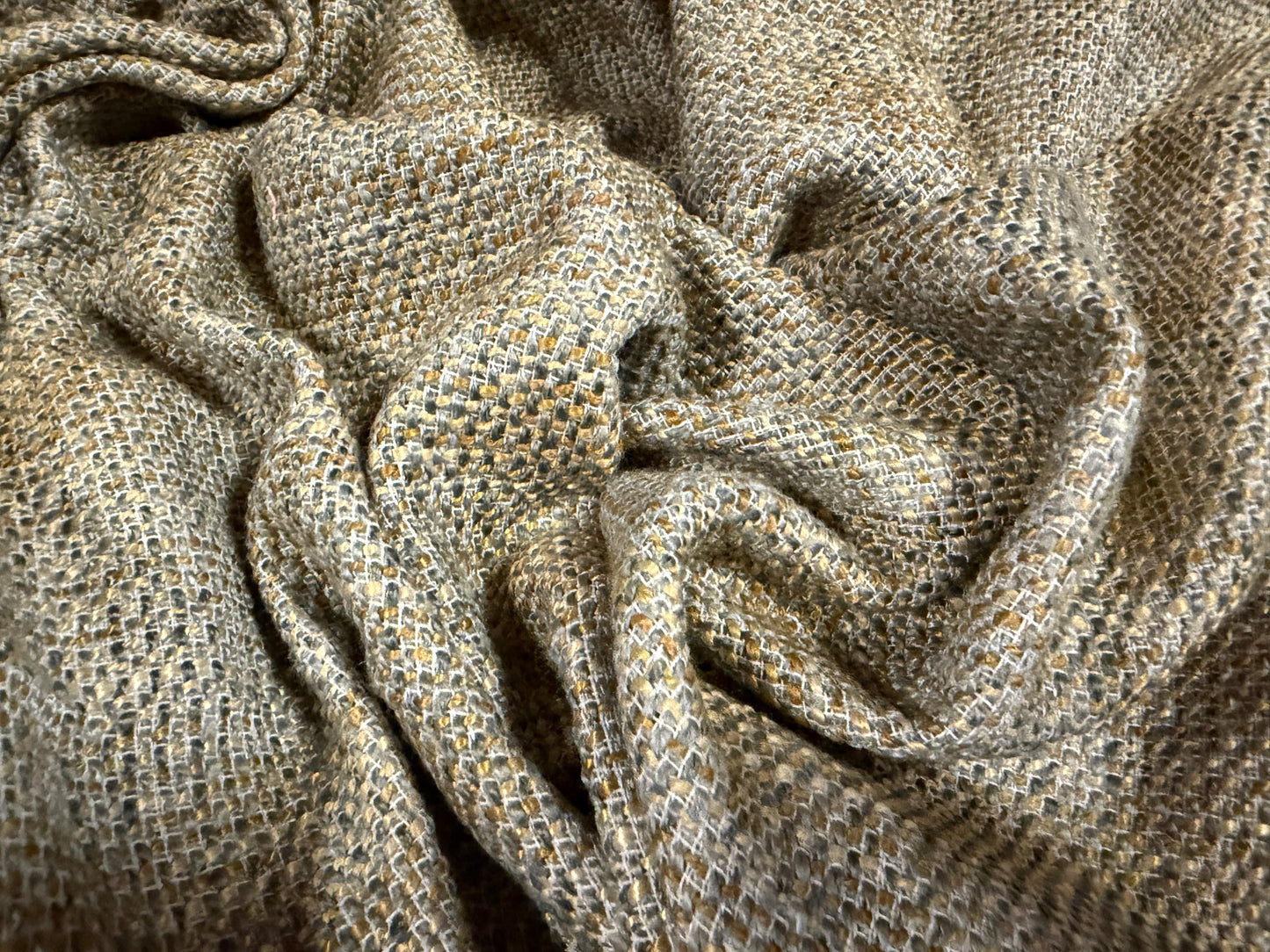 Heavyweight wool bouclé fabric, per metre - basketweave melange - sage & mustard