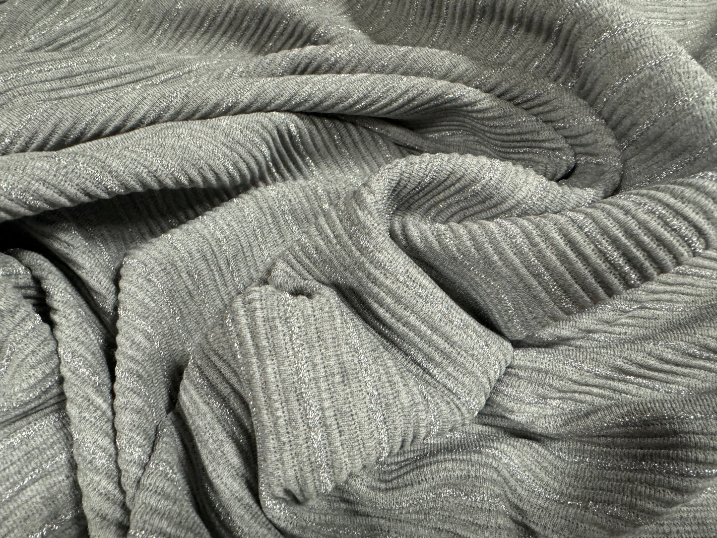 Metallic ottoman rib stretch double jersey fabric, per metre - stripe - grey marl & silver lurex