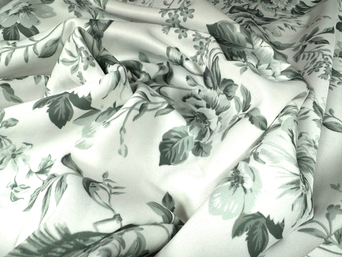 Scuba stretch spandex double jersey dress fabric, per metre - Toile De Jouy print - sage green & white
