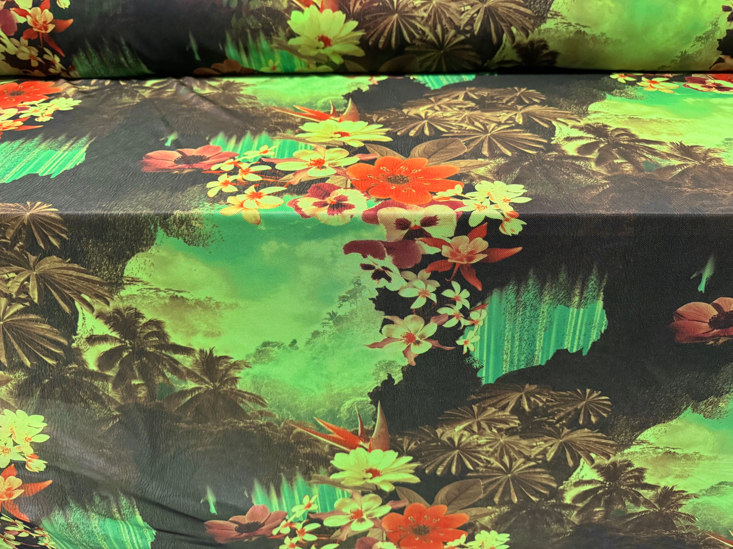 Power mesh net stretch spandex fabric, per metre - Hawaiian tropical paradise print - green black & orange