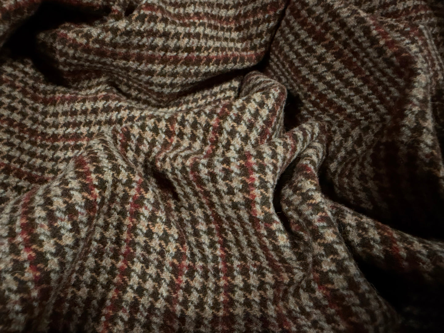 Wool flannel coat jacket fabric, per metre - Country Check - taupe & burgundy