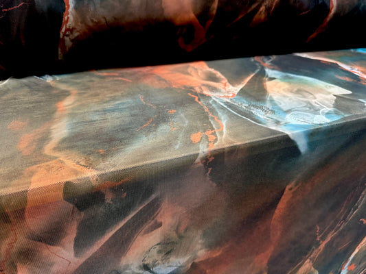 Power mesh net stretch spandex fabric, per metre - quartz print - black orange & turquoise