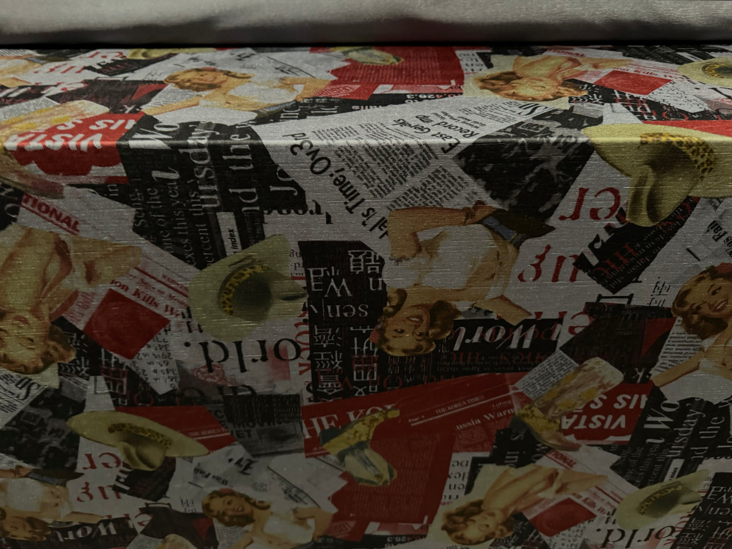 Finely textured stretch single jersey fashion fabric, per metre - Marilyn Monroe Hollywood Headlines print - grey & red