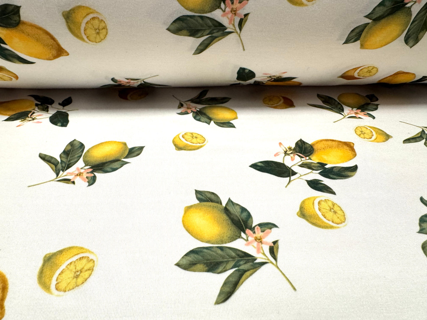 Stretch spandex interlock jersey fabric, per metre - lemons print - yellow & white