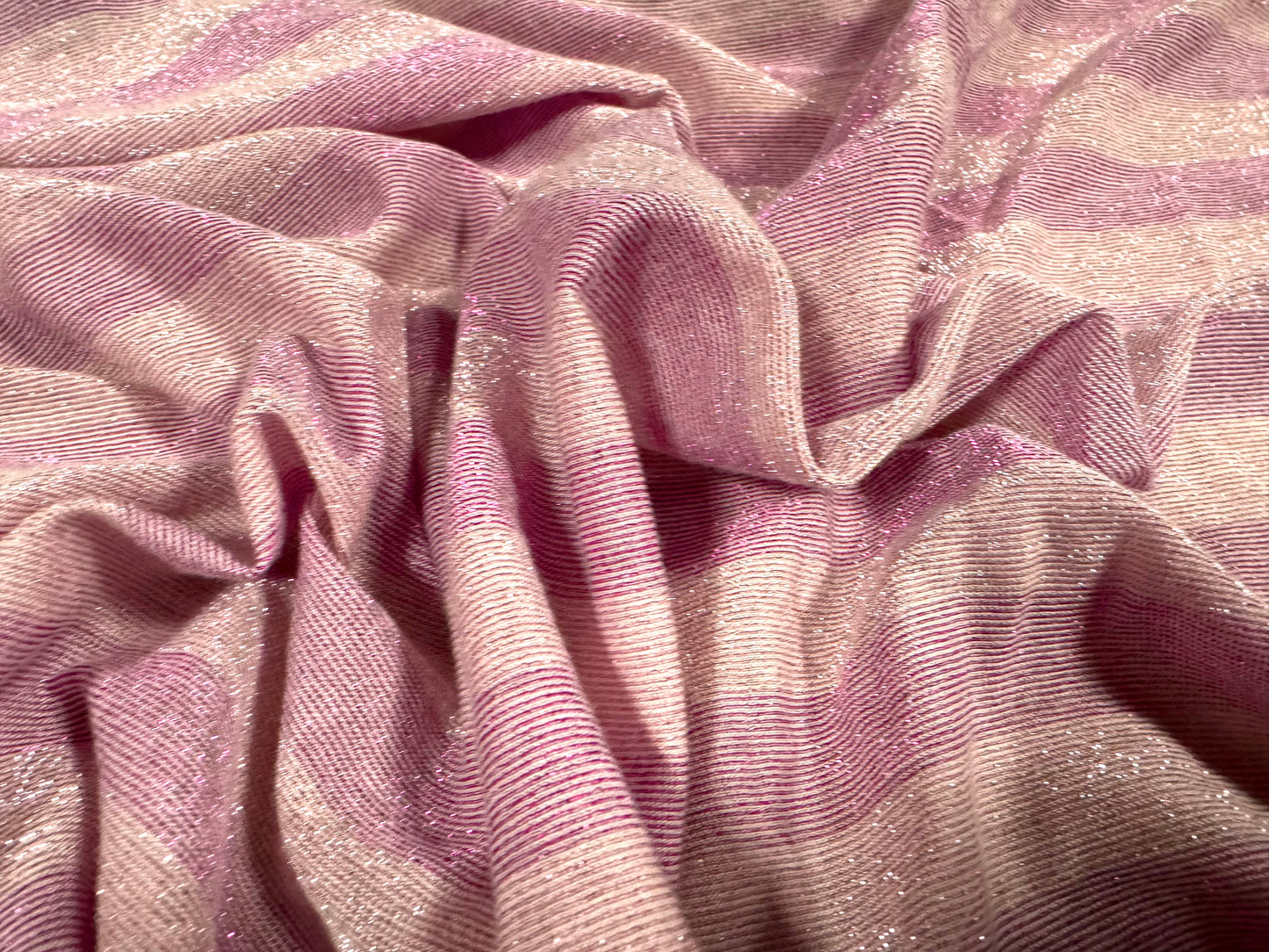Metallic stretch single jersey fashion fabric, per metre - stripe - lilac & pink lurex sparkle