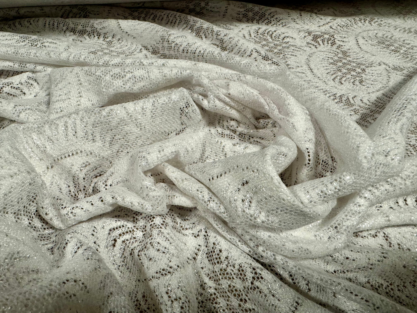 Stretch spandex lace dress fabric, per metre - abstract swirl pattern - white