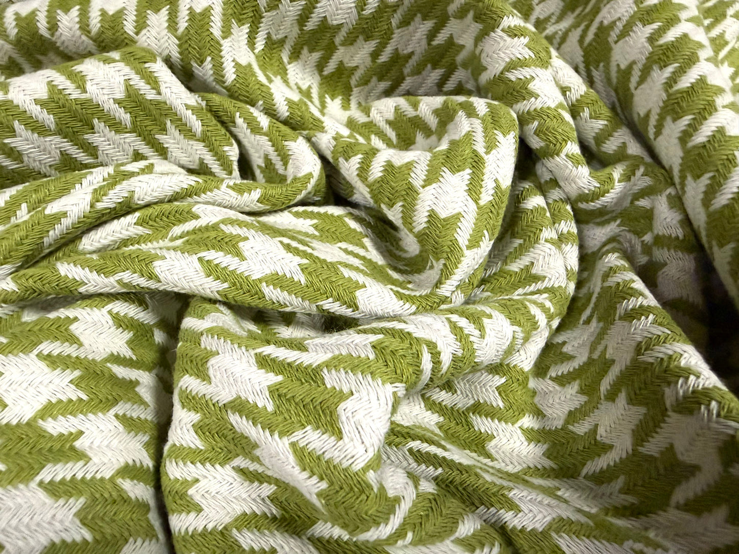 Heavyweight wool coat weight fabric, per metre - houndstooth jacquard - green & ivory