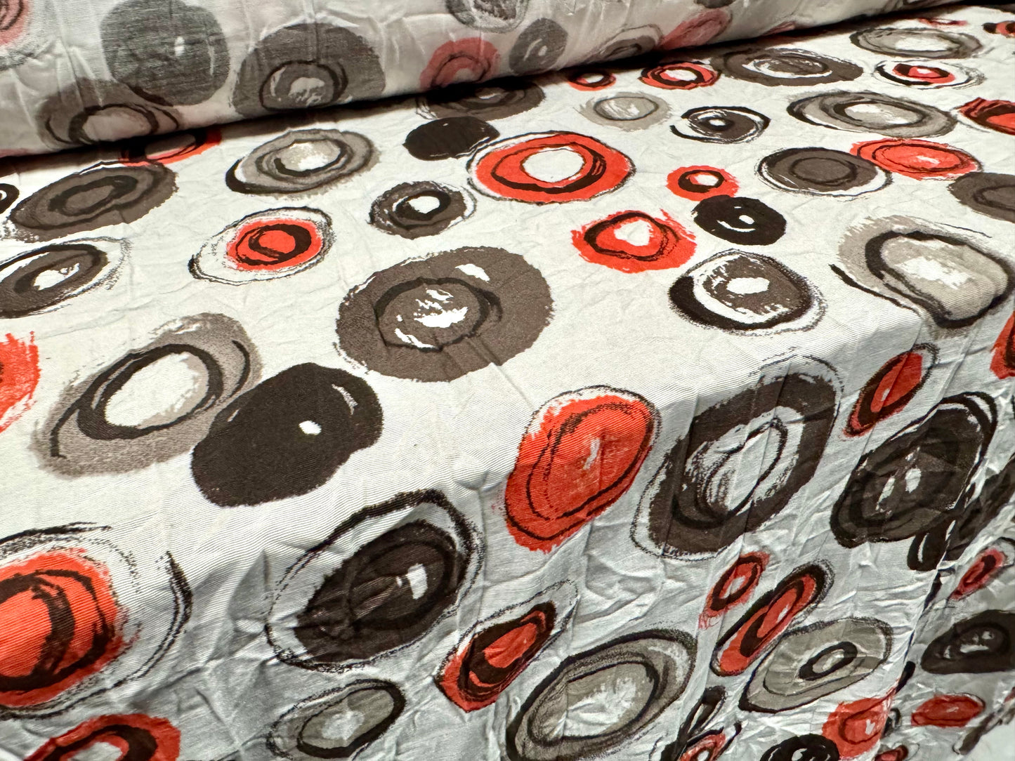 Woven crush dress fabric, per metre - artistic circles print - ivory grey & orange