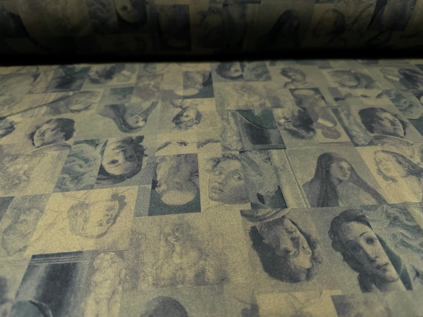 Stretch spandex single jersey fabric, per metre - classical portraits print - khaki
