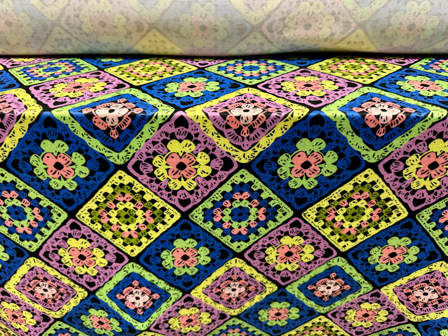 Stretch knitwear jersey fashion fabric, per metre - quatrefoil flower print- multicolour