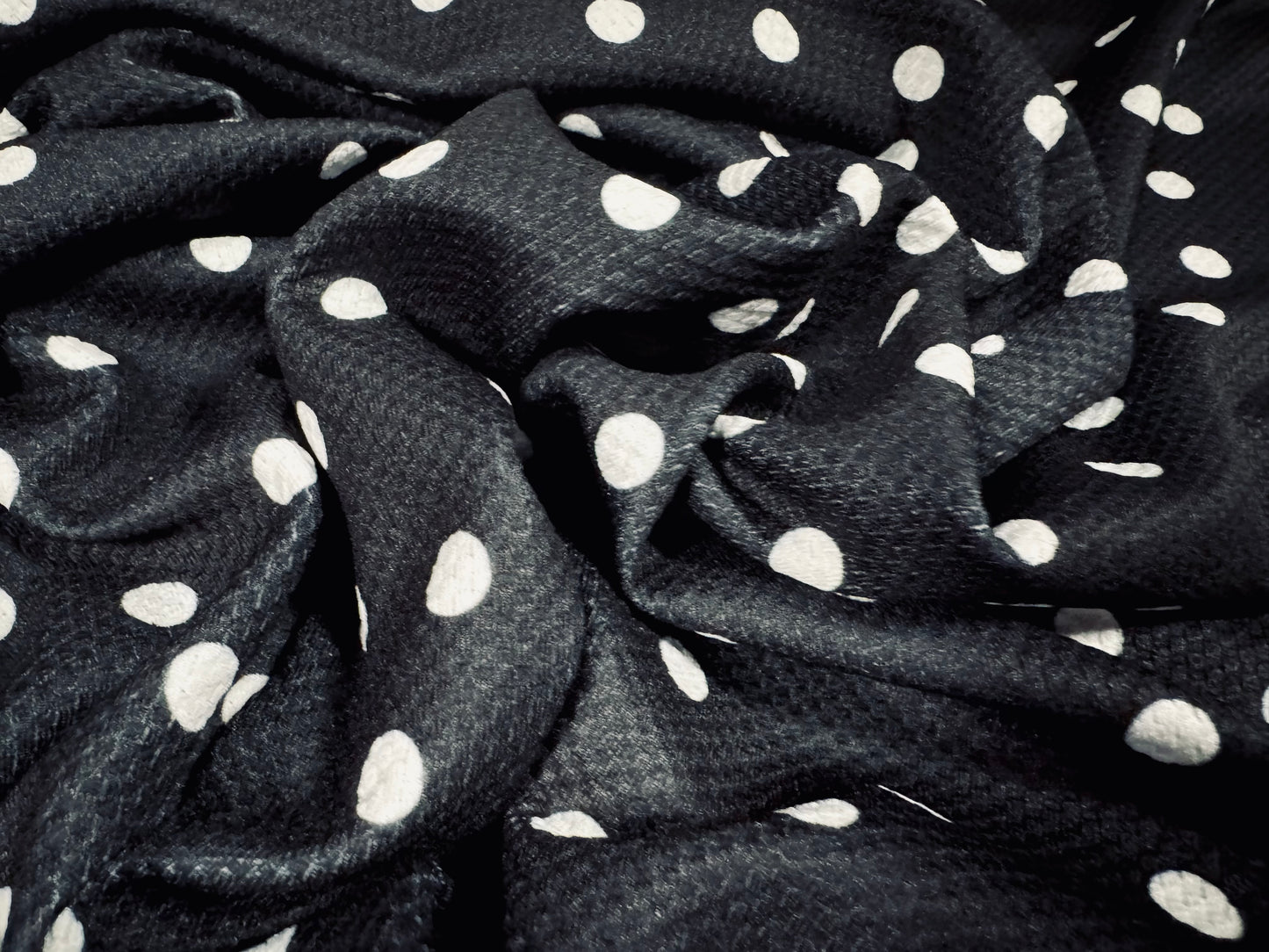 Scuba stretch spandex jersey fabric, per metre - textured - polka dot print - black & white