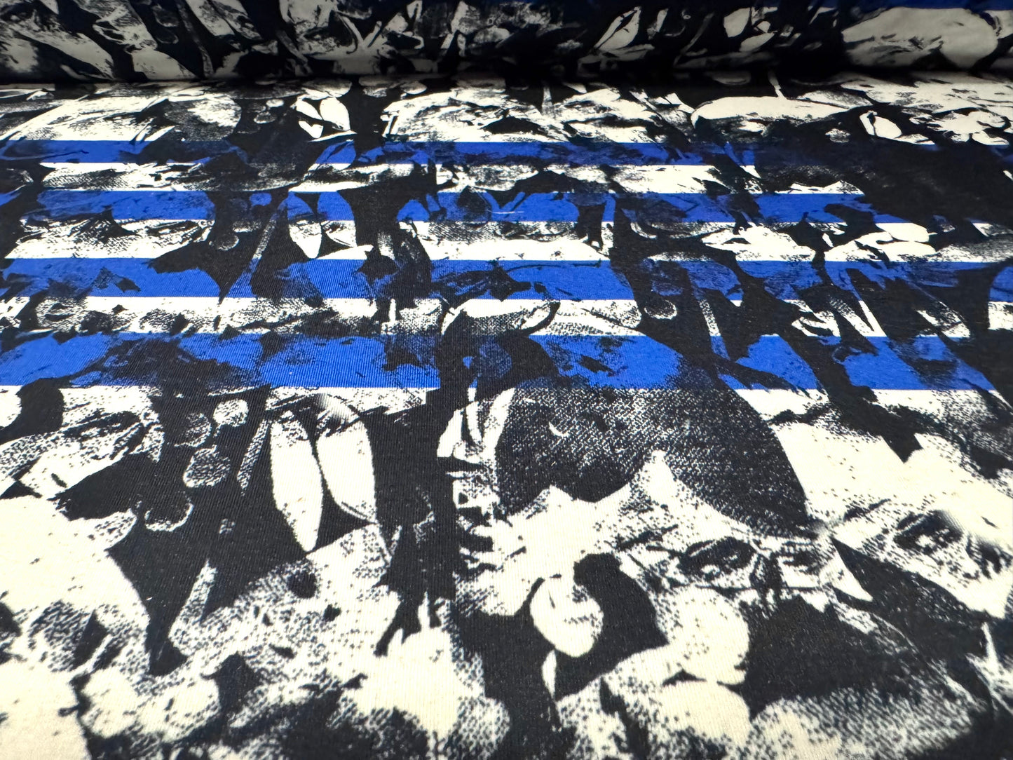 Stretch spandex interlock jersey fabric, per metre - stripes on abstract print - blue black & white