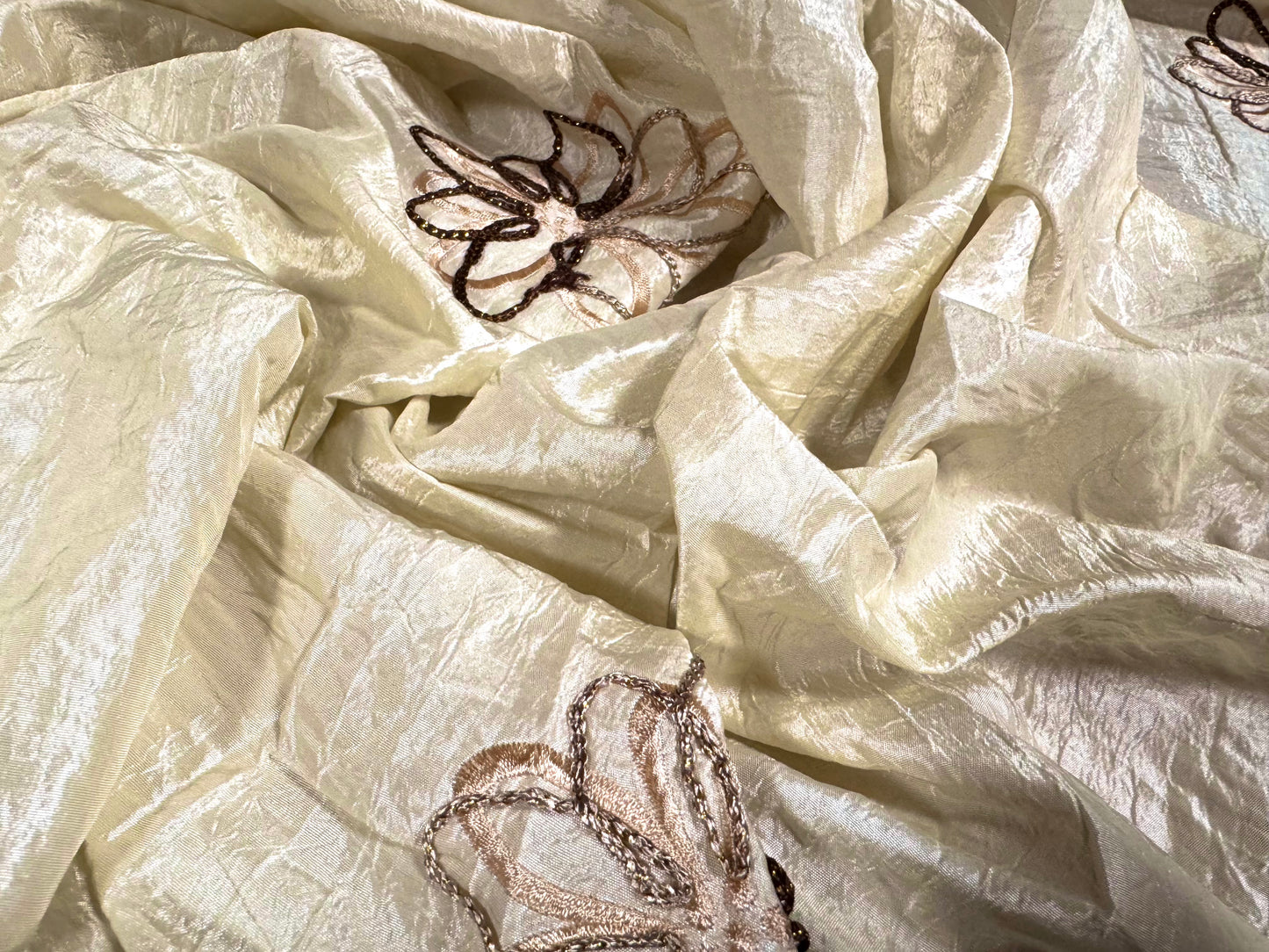 Taffeta faux silk fabric, per metre - metallic embroidered flowers - cream & gold