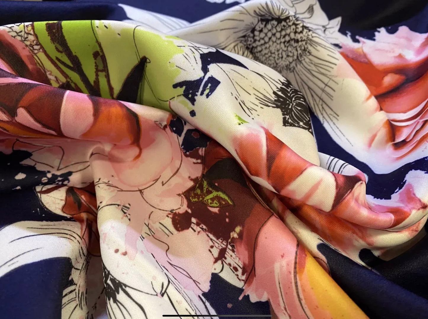 Scuba stretch spandex double jersey dress fabric, per metre - floral sketch print - navy blue