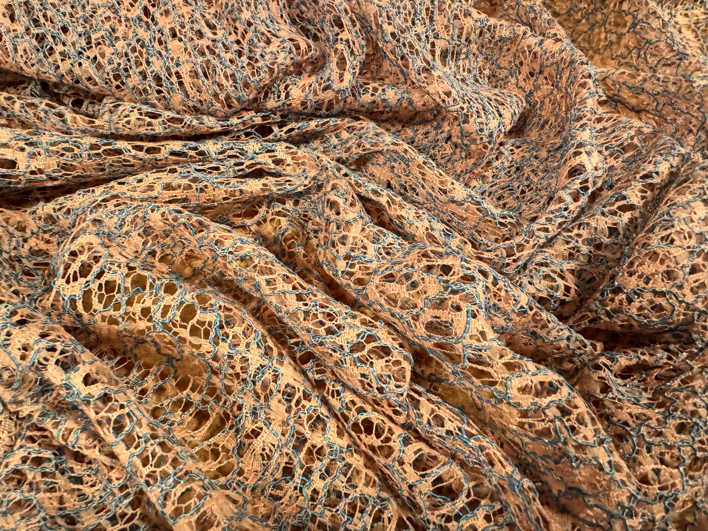 Lightweight crochet knit lace dress fabric, per metre - salmon pink & blue