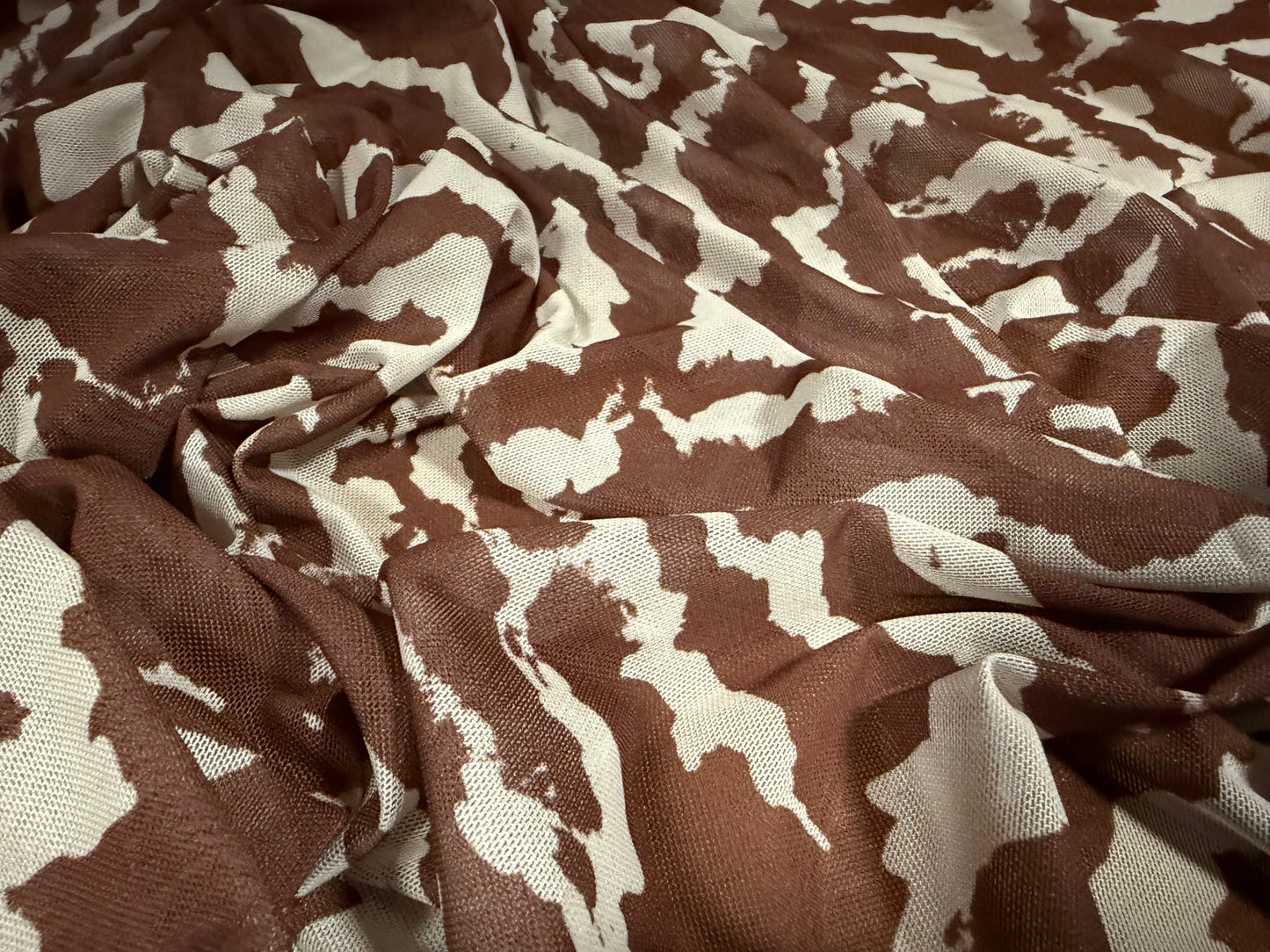 Power mesh net stretch spandex fabric, per metre - animal print - brown & cream