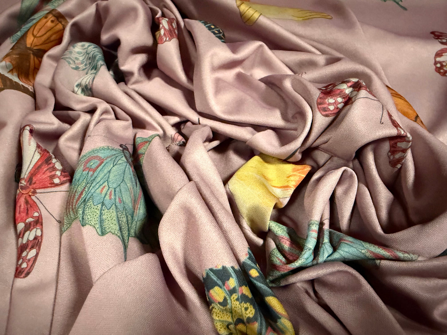 Single jersey fashion fabric, per metre - butterfly print - dusky mauve