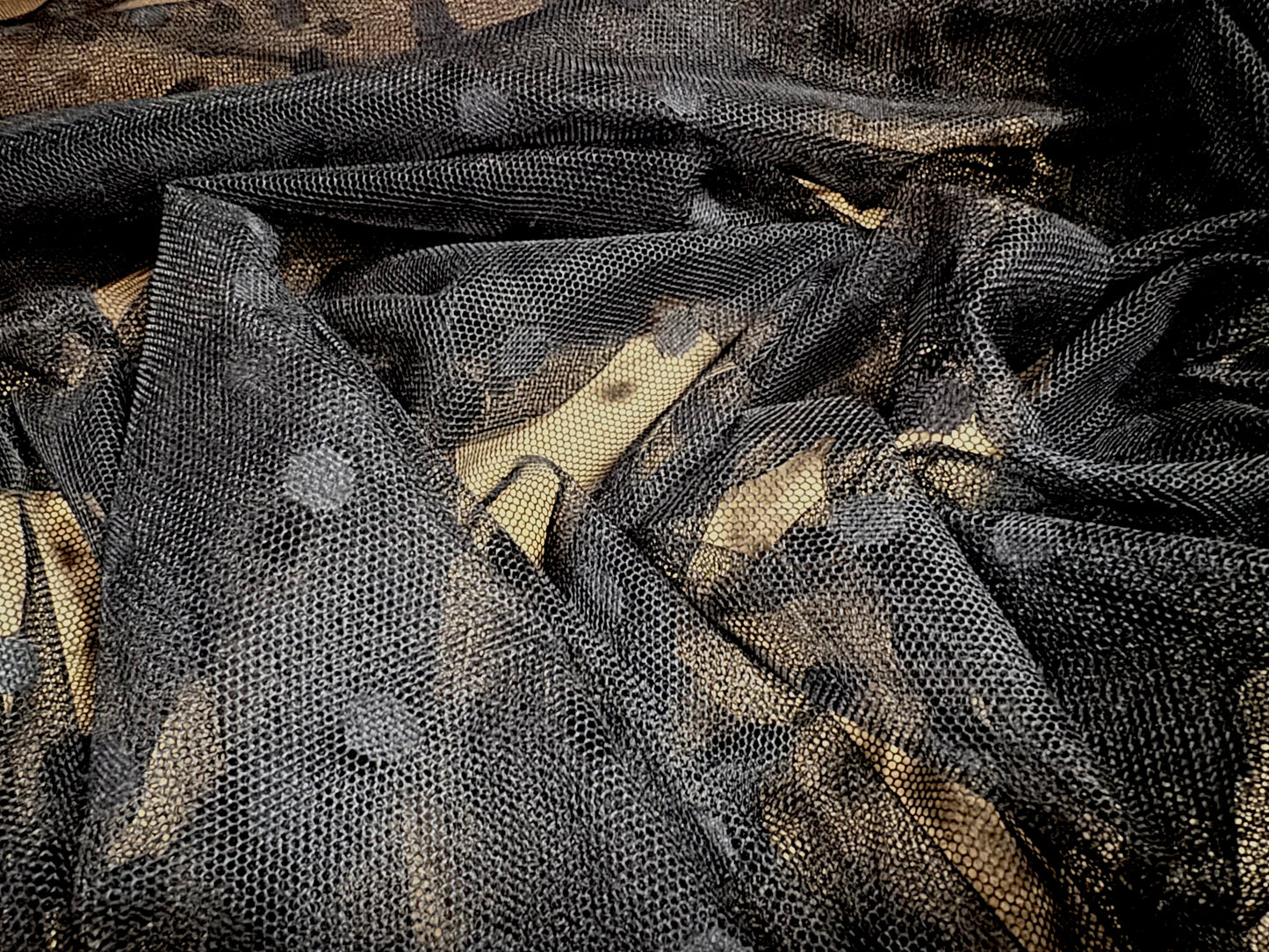 Stretch spandex mesh net fabric, per metre - polka dot - black on black