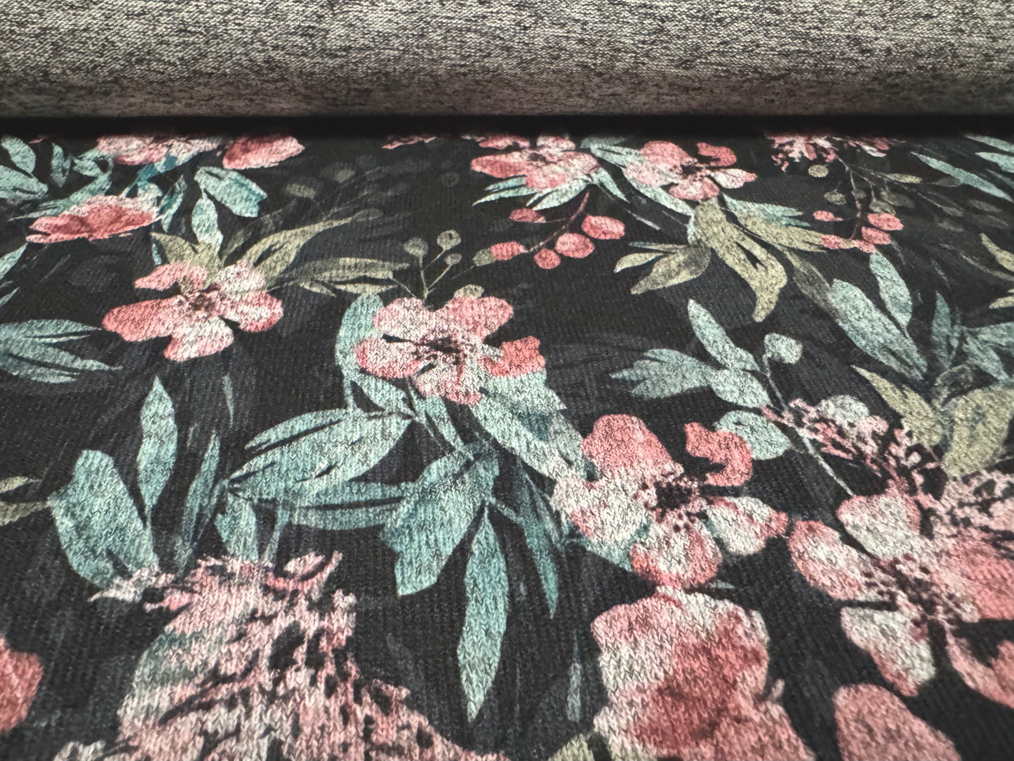 Super soft knitwear jersey fabric, per metre - Flower print - charcoal & pink